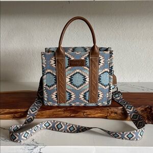 Wrangler Blue & Brown Aztec Canvas Purse with Detachable Strap